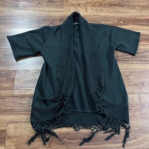 Sydney Easton New York Cardigan Open Front Fringe Womens Short Sleeve Black Knit